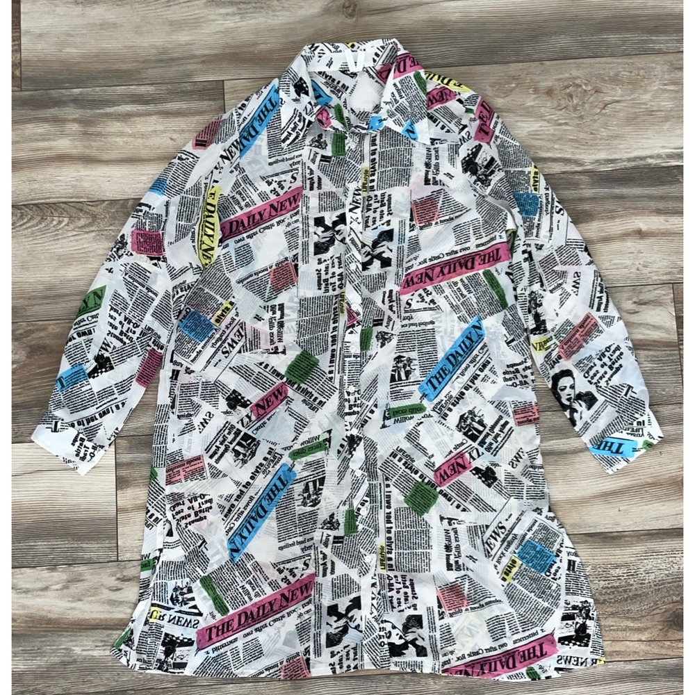 Live 4 Truth Women Newspaper Print Top Beach Coverup Multicolor Tunic Blouse L